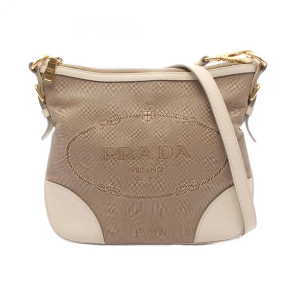Prada Logo Jacquard Shoulder Bag in Canvas and Leather, Beige/Ivory, BT867A - Picture 1 of 10